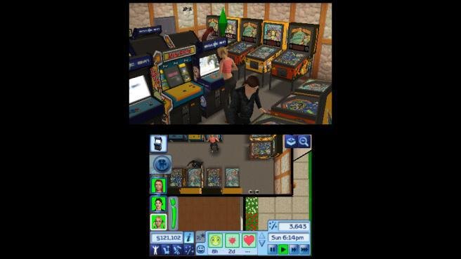 Screenshot ze Sims 3 pro Nintendo 3DS - skládá se z 3D obrazu (nahoře) a 2D dotykového displeje pro ovládání