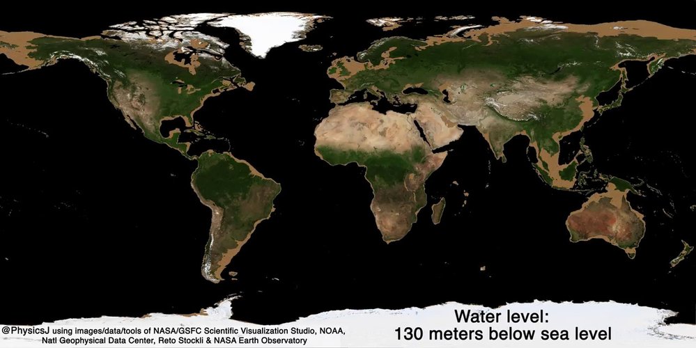 Simulace Země při poklesu vody o 130 metrů