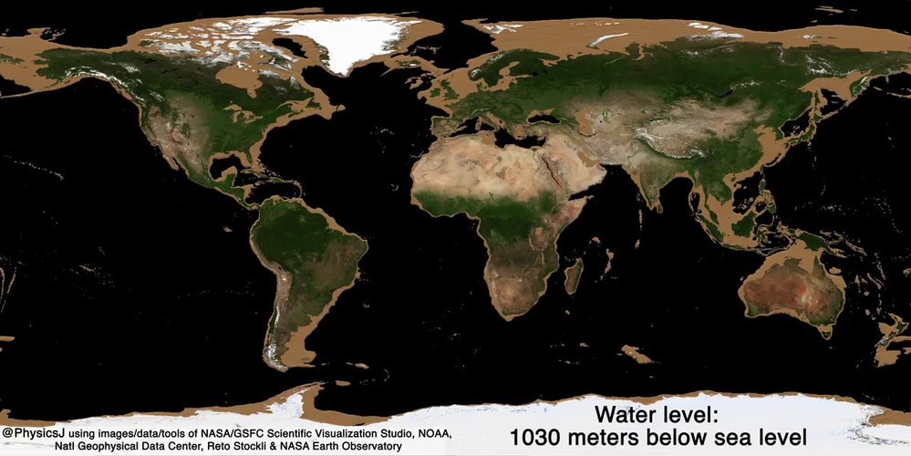 Simulace Země při poklesu vody o 1030 metrů