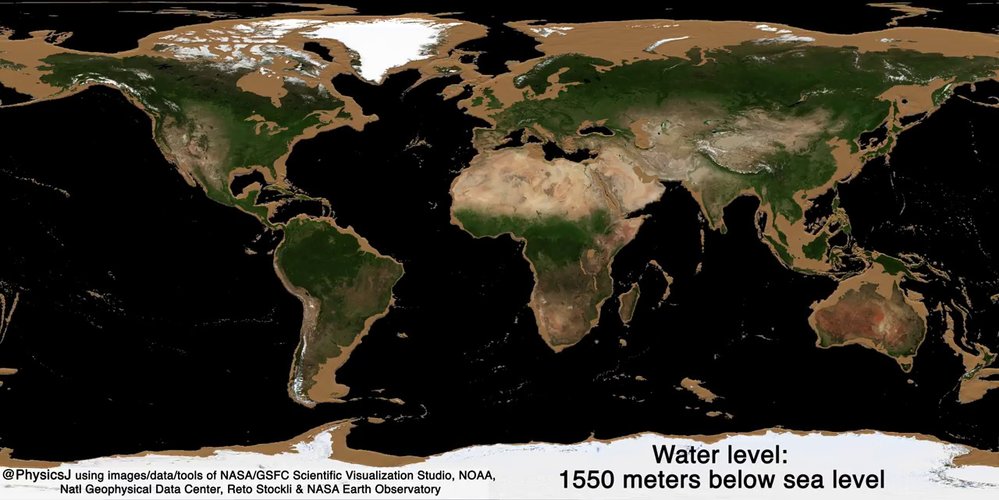 Simulace Země při poklesu vody o 1550 metrů
