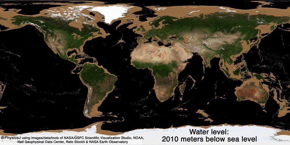 Simulace Země při poklesu vody o 2010 metrů