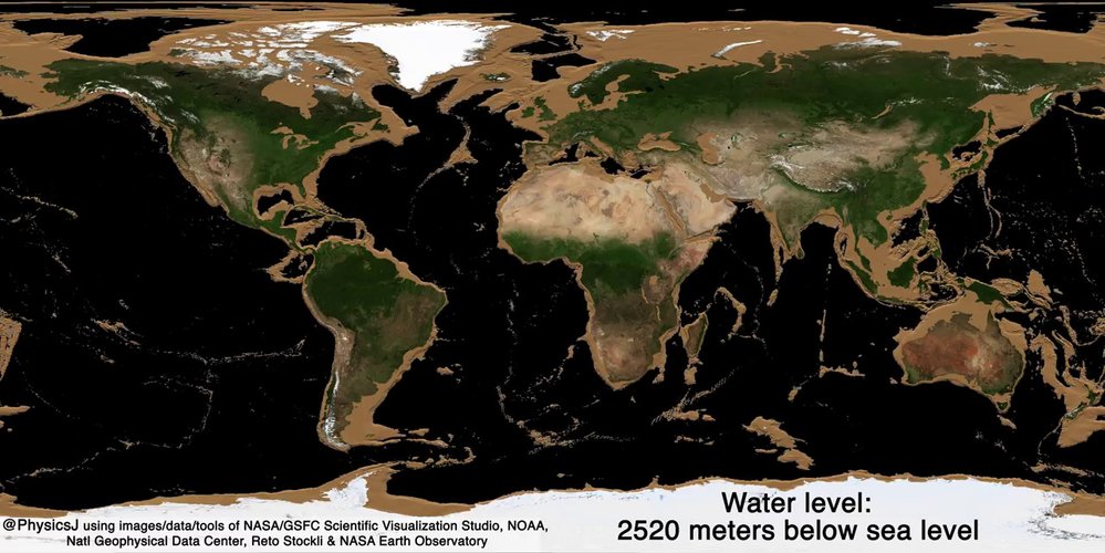 Simulace Země při poklesu vody o 2520 metrů