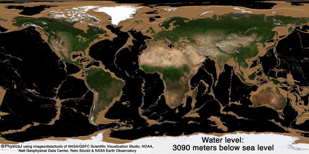Simulace Země při poklesu vody o 3090 metrů