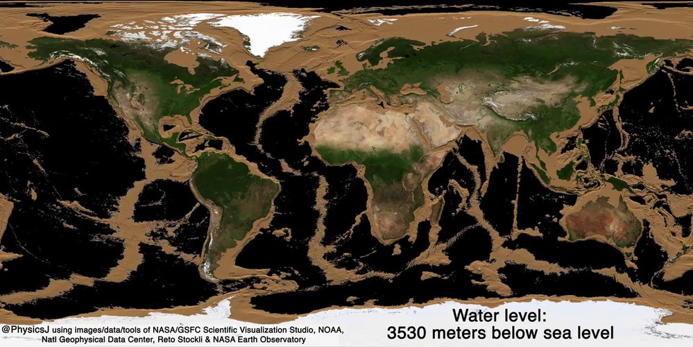 Simulace Země při poklesu vody o 3530 metrů