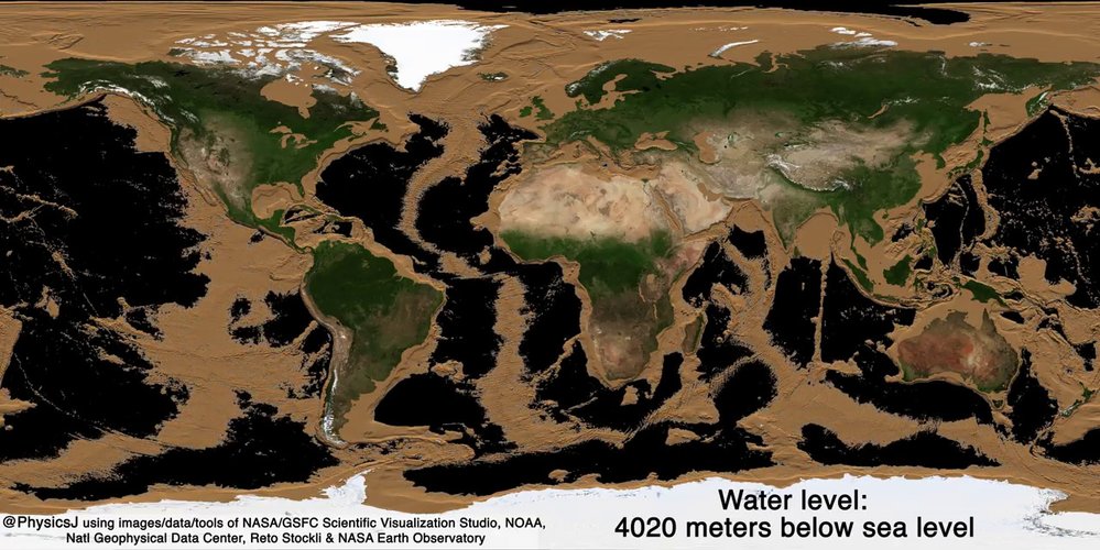 Simulace Země při poklesu vody o 4020 metrů