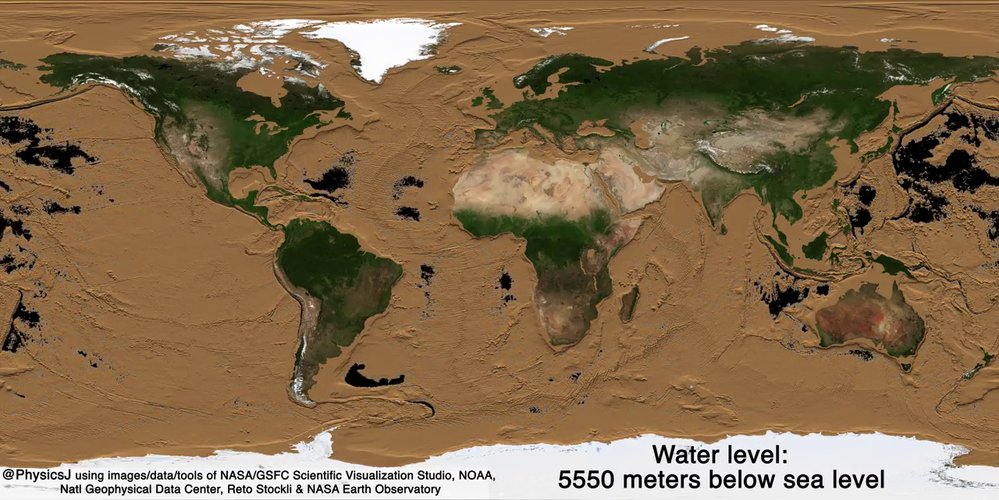 Simulace Země při poklesu vody o 5550 metrů