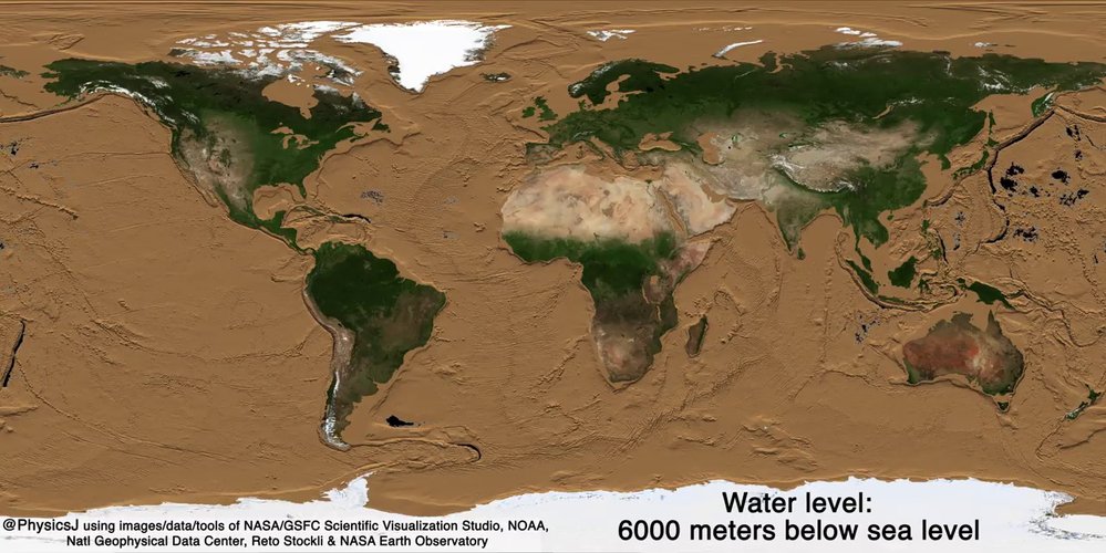 Simulace Země při poklesu vody o 6000 metrů