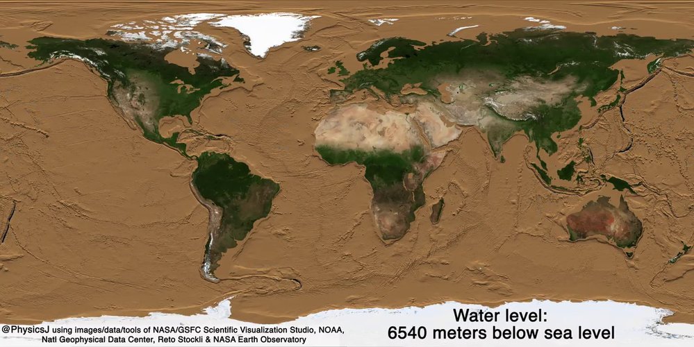 Simulace Země při poklesu vody o 6540 metrů