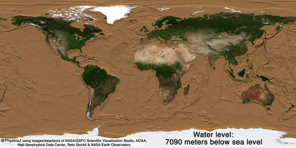 Simulace Země při poklesu vody o 7090 metrů