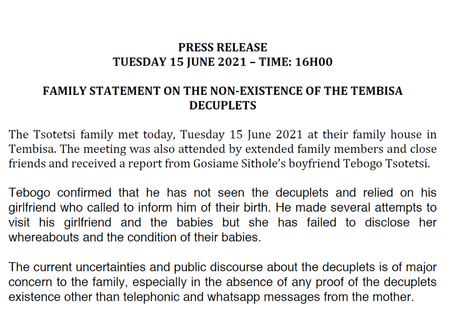 Rodina otce oficiálně prohlásila, že nemají žádný důkaz, že narození desaterčat je skutečností.
