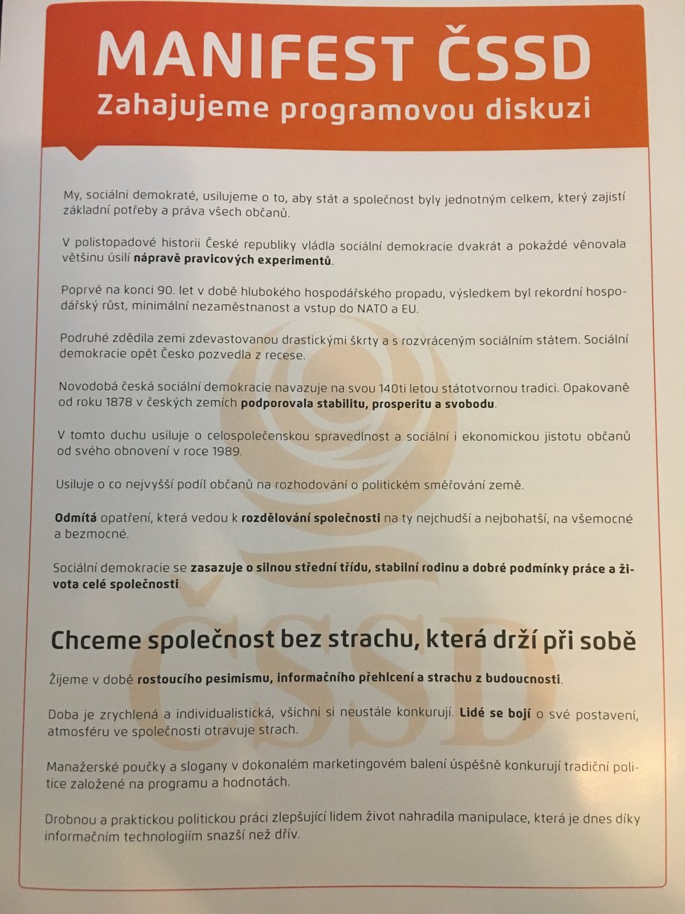Manifest ČSSD ze sjezdu sociálních demokratů (2.3.2019)