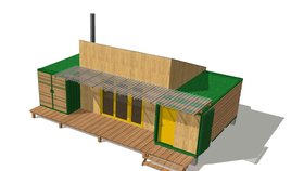 Návrh nové klubovny exteriér. Dva zelené kontejnery jsou součástí druhé části projektu. Na tu teď skauti zatím čekají, zda se vydaří vybrat dost peněz.