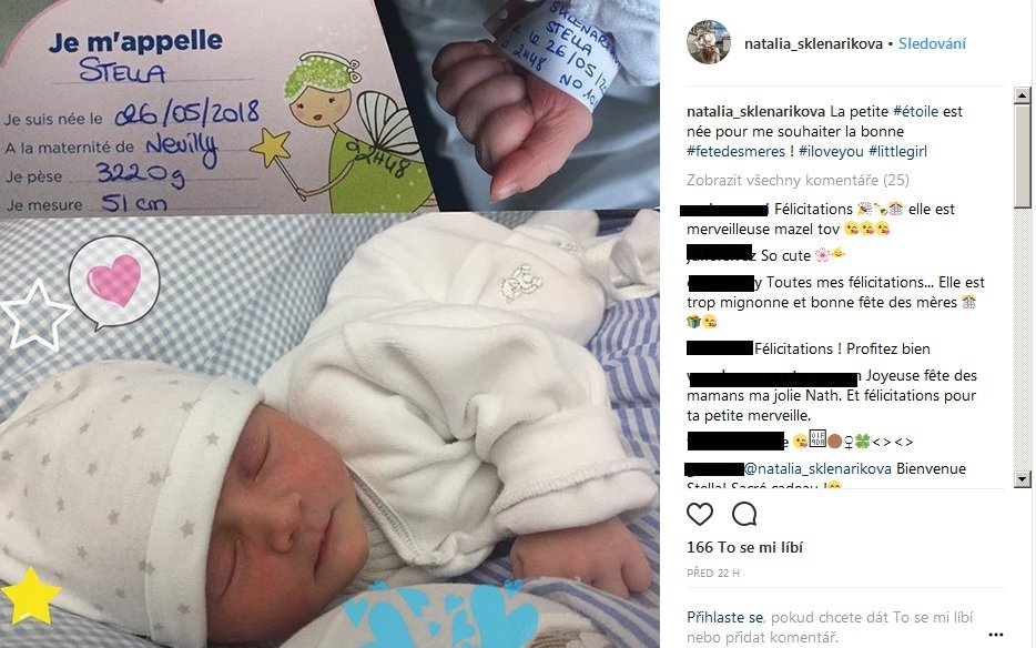 Neteř Adriany Sklenaříkové dostala jméno Stella.