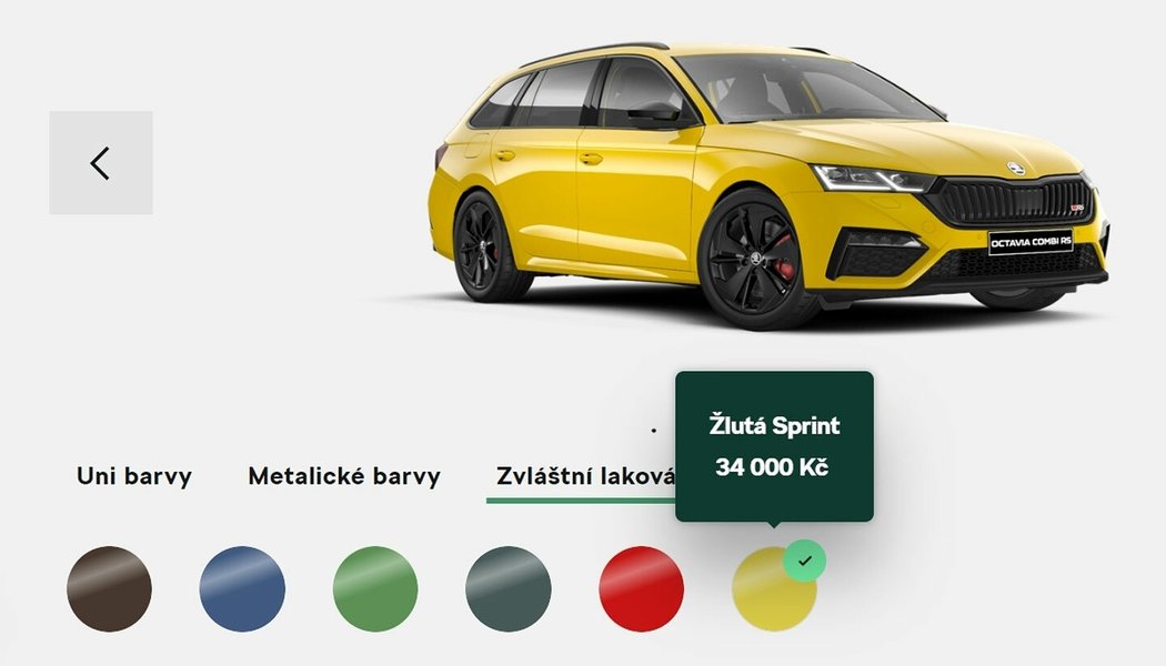 Žlutá Sprint je známá z prvních generací fabie a octavie, ze stejných modelů vám můžou být povědomé také červená Rallye (tu měla i felicia) a zelená metalíza Highland.