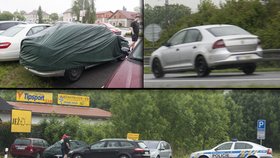 Testování vyvíjeného protypu mladoboleslavské Škodovky skončilo nehodou. Pod plachtou se však skrývá Seat Toledo, nikoli nová Škoda Rapid (vpravo nahoře), která jen projížděla kolem