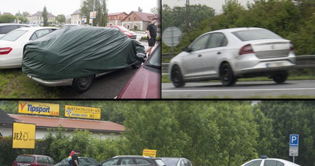 Testování vyvíjeného protypu mladoboleslavské Škodovky skončilo nehodou. Pod plachtou se však skrývá Seat Toledo, nikoli nová Škoda Rapid (vpravo nahoře), která jen projížděla kolem