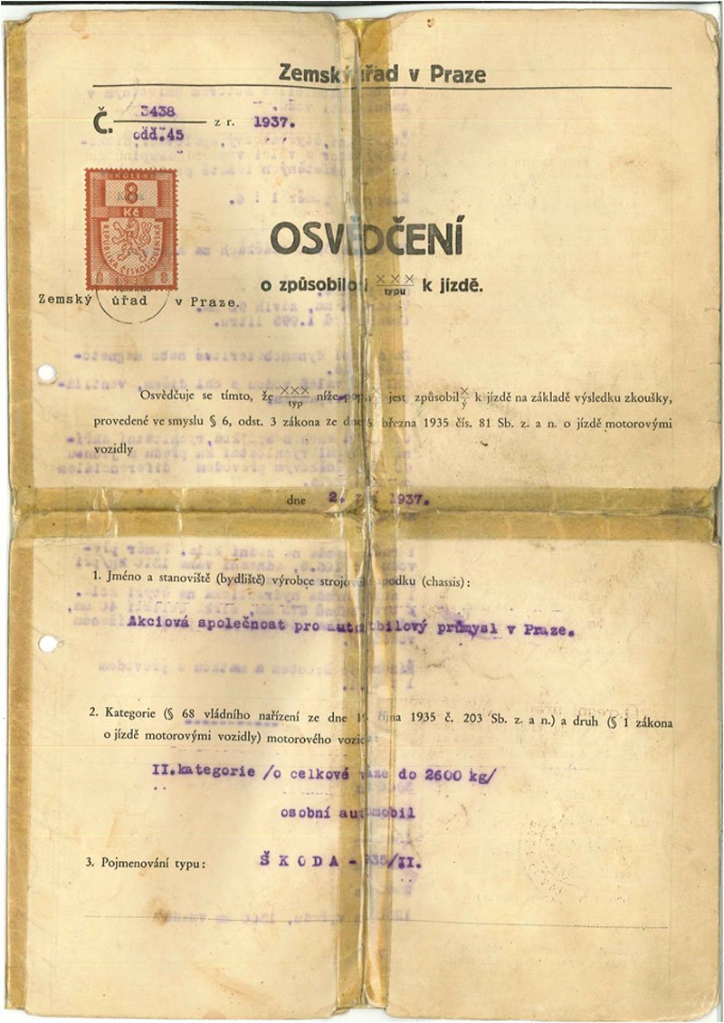 „Osvědčení ke způsobilosti k jízdě“ z roku 1937 dokládá existenci zkrácené sportovní Škody 935/II