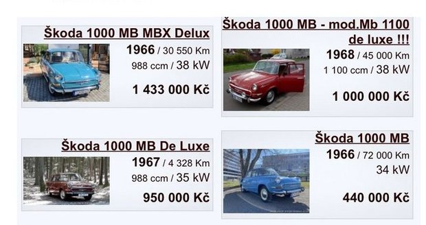 Na internetu se Škody 1000 MB nabízejí k prodeji za statisíce i přes milion korun.