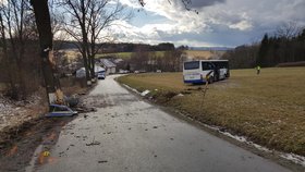 Na Jihlavsku v silné vánici havaroval školní autobus. Řidič narazil do stromu vedle silnice.