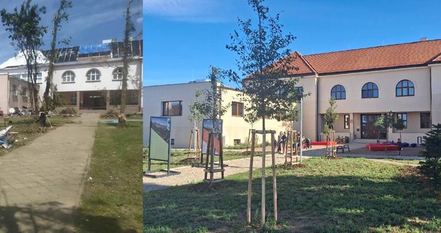 Hlavní budova ZŠ v Moravské Nové Vsi v červnu 2021 po tornádu a nyní.