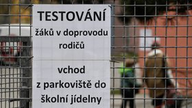 Žáci prvního stupně ZŠ Mezi Školami v Praze si v doprovodu rodičů provádějí antigenní test. Žáci se vrátili do lavic, třídy se budou střídat po týdnech. Podmínkou prezenční výuky bude antigenní test žáků i pracovníků škol dvakrát týdně (12. 4. 2021).