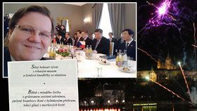 Ohňostroj na počest čínského prezidenta, slavnostní menu a Škromachovo další selfie
