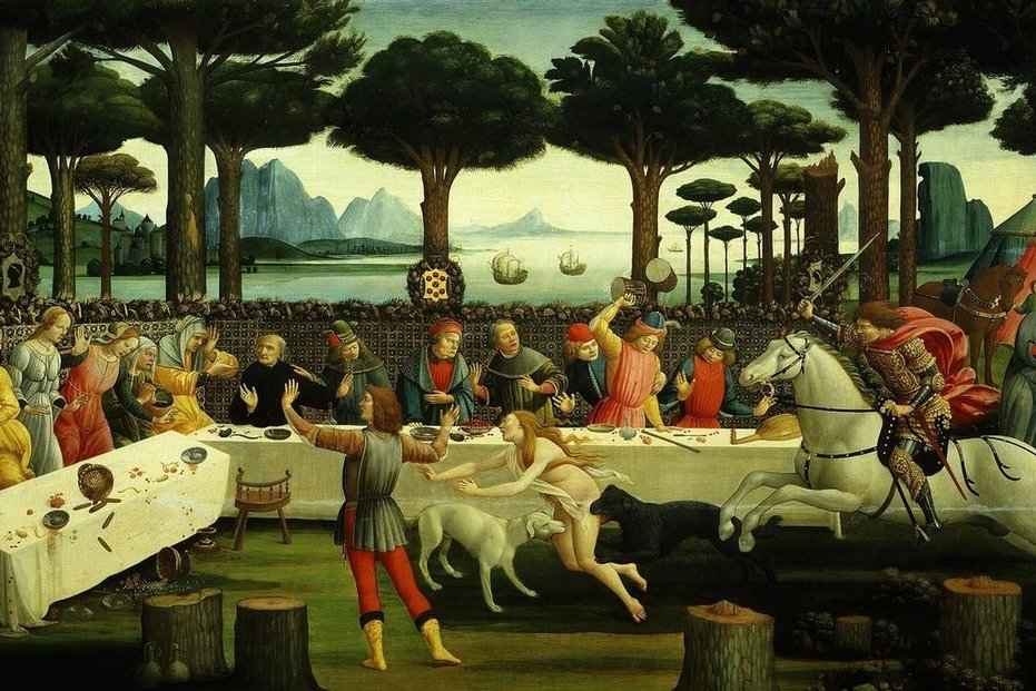 Skvělé jídlo, velká rodina a občas trochu emocí. Výjev z Boccacciova Dekameronu ztvárněný Sandrem Botticellim.