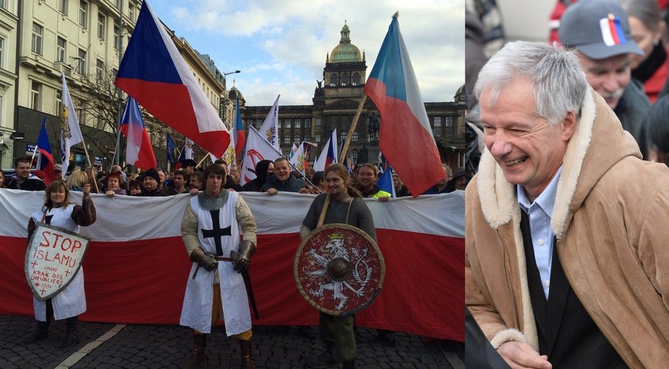 Demonstranti z pražského Václavského náměstí a exšéf republikáků Miroslav Sládek