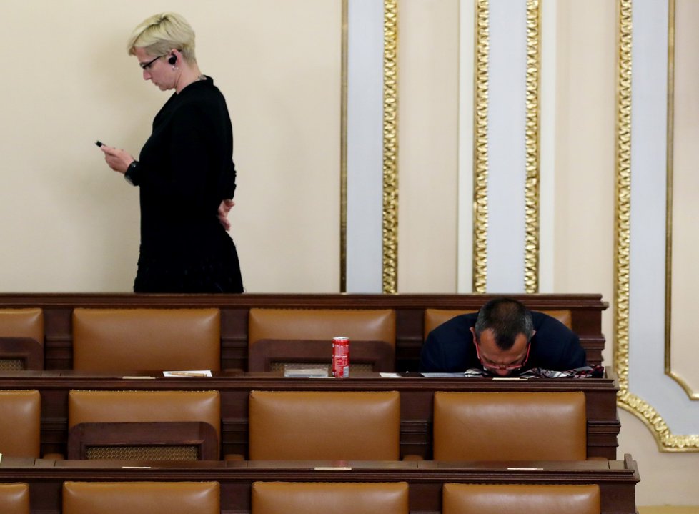 Bývalá ministryně obrany Karla Šlechtová si nad ránem potřebovala protáhnout záda. Poslanec Jaroslav Foldyna (ČSSD) dokonce usnul (27. 6. 2019)