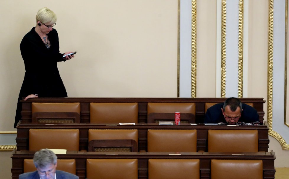 Bývalá ministryně obrany Karla Šlechtová si nad ránem potřebovala protáhnout záda. Poslanec Jaroslav Foldyna (ČSSD) dokonce usnul (27. 6. 2019)