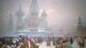 ZRUŠENÍ NEVOLNICTVÍ NA RUSI (1861) (Svobodná práce – osnova národů) - Ve stínu chrámu Vasilije Blaženého na nynějším Rudém náměstí v Moskvě je čten manifest cara Alexandra II. Osvoboditele. Po vyhlášení carského „ukazu“ odcházejí carští úředníci a šlechta. Na náměstí zůstává vesnický a městský lid, a jak je zřejmé z výrazu jejich tváří, chápe každý získanou svobodu po svém. Někteří se radují nad novými možnostmi, jiní nevědí, co si s nimi počít. Nad věžemi chrámu se hustou mlhou pozvolna prodírají první paprsky slunce symbolizujícího úsvit a svobodu.