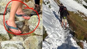 Turista vyrazil do sněhu jen v žabkách.