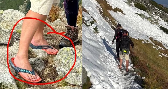 Turista vyrazil do sněhu jen v žabkách.