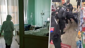 Antirouškař z bitky s policií v Piešťanech dostal koronavirus: Skočil v nemocnici ve vážném stavu  (vlevo: ilustrační foto, vpravo bitka v supermarketu)