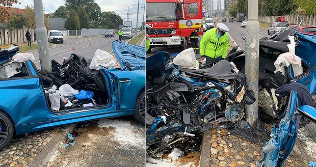 Luxusní vůz se rozpůlil o lampu: Řidiče hasiči našli až na zadním sedadle, zázrakem přežil