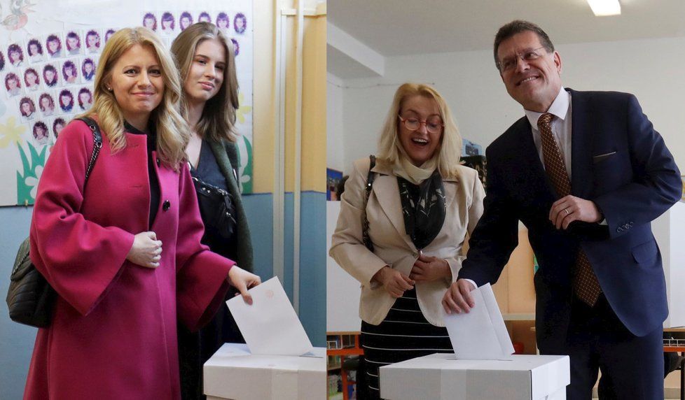 Prezidentské volby na Slovensku: Zuzana Čaputová s dcerou a Maroš Šefčovič s manželkou (16. 3. 2019)