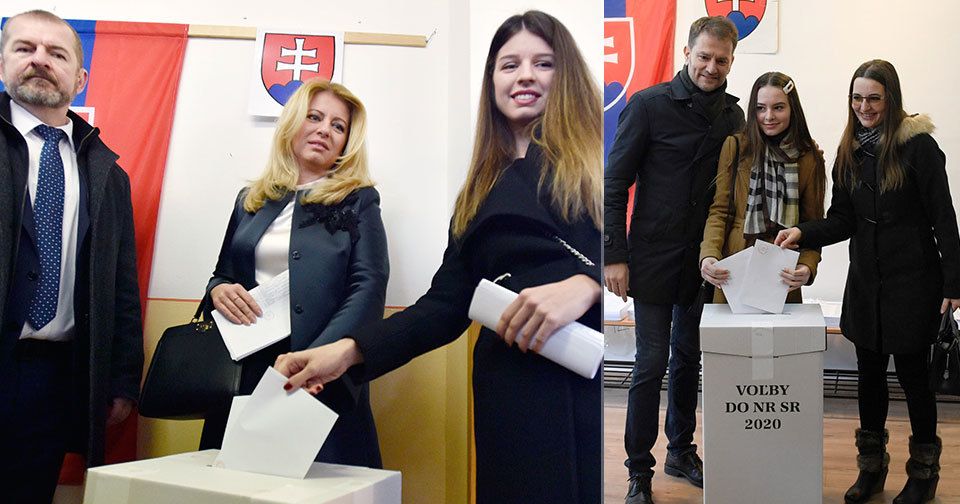 Volby na Slovensku: Volby na Slovensku: Igor Matovič (OLaNO) s rodinou a prezidentka Zuzana Čaputová