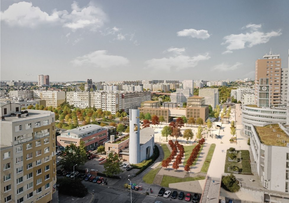 Urbanisticko-architektonická studie IPR, která ukazuje, jak by mohlo v budoucnu vypadat Sluneční náměstí na Praze 13.