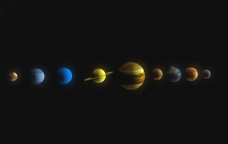 Sluneční soustava. Zleva Pluto, Neptun, Uran, Saturn, Jupiter, Mars, Země, Venuše a Merkur.