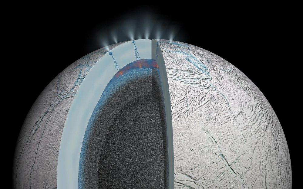 Ilustrace ledových gejzírů na Enceladu