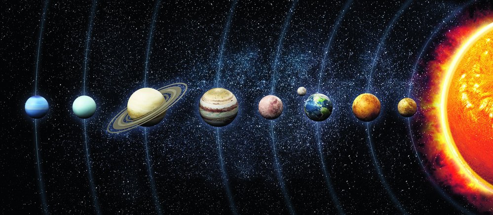 Sluneční soustava (zprava doleva): Slunce a planety Merkur, Venuše, Země, Mars, Jupiter, Saturn, Uran, Neptun