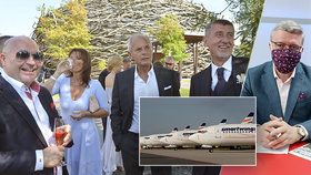 Jiří Šimáně po boku Andreje Babiše na svatbě na Čapím hnízdě. A vicepremiér Karel Havlíček, který řeší podporu Smartwings