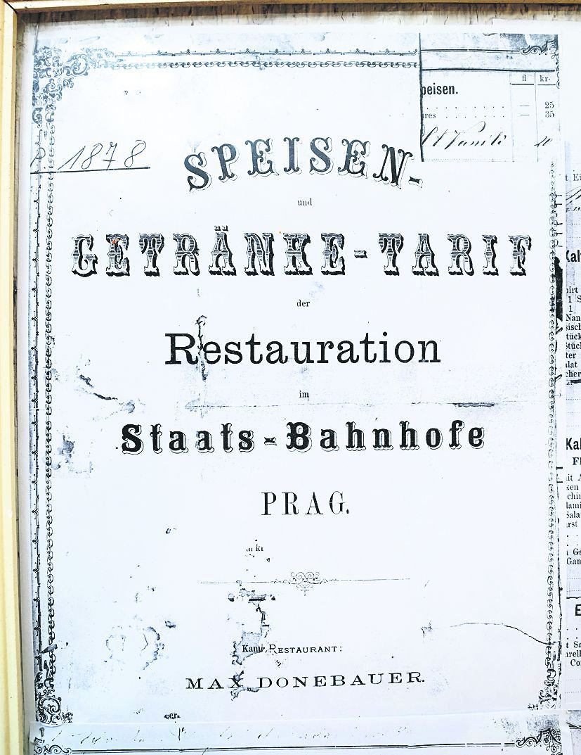 Německy psaný jídelní lístek z nynějšího Masarykova nádraží a z roku 1878.