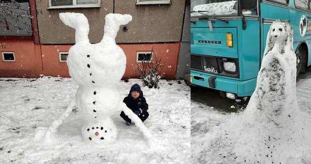V Českém Těšíně mají hned několik zajímavých sněhuláků. Třeba toho na hlavě, kterého už léta staví táta Tomáš Machnik se synem Matějem, nebo sněhovou světici i sfingu.