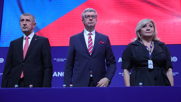 Sněm ANO: Andrej Babiš, Alena Schillerová a Karel Havlíček (10.2.2024)