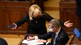 Jednání Sněmovny o energiích: Expremiér Andrej Babiš (ANO) a šéfka poslanců ANO Alena Schillerová (17.2.2022)