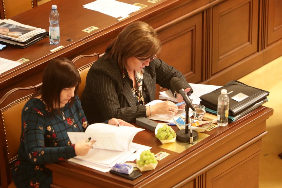 Ministryně financí Alena Schillerová (za ANO) a místopředsedkyně KSČM Miloslava Vostrá ve Sněmovně při jednání o rozpočtu  (4.12.2019)