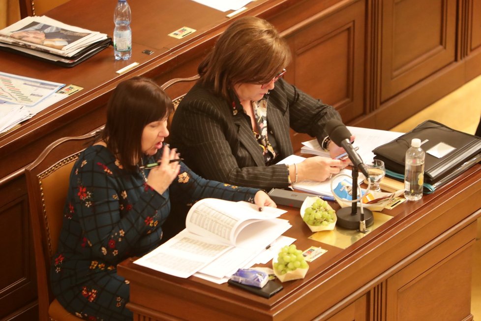Ministryně financí Alena Schillerová (za ANO) a místopředsedkyně KSČM Miloslava Vostrá ve Sněmovně při jednání o rozpočtu  (4. 12. 2019)