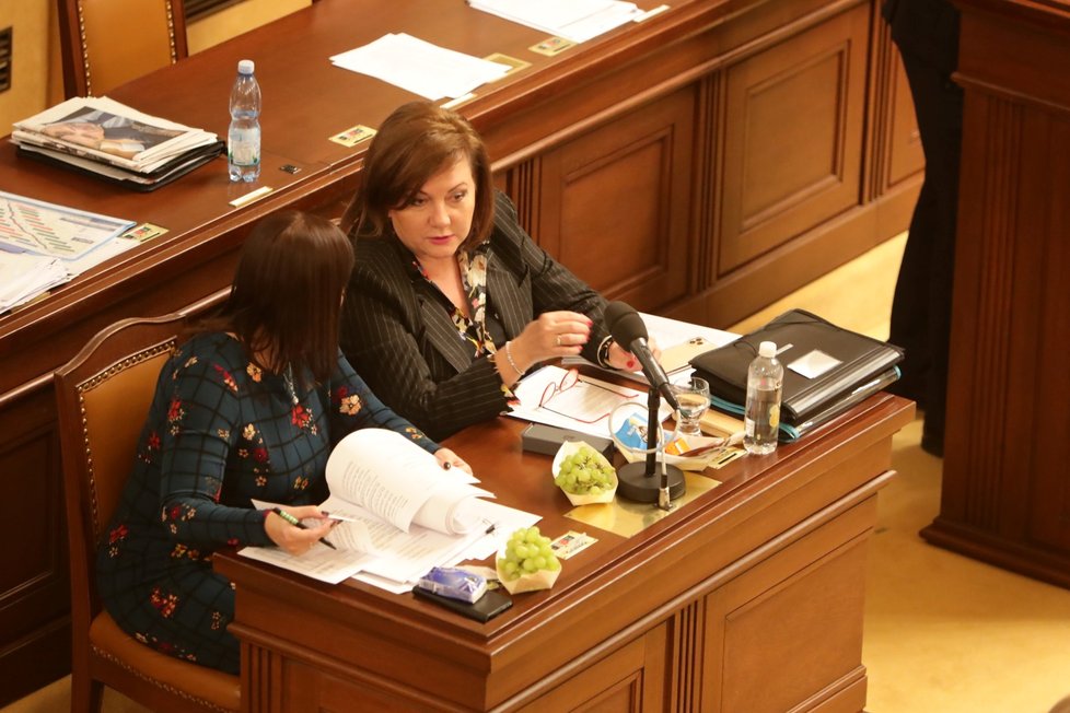 Ministryně financí Alena Schillerová (za ANO) a místopředsedkyně KSČM Miloslava Vostrá ve Sněmovně při jednání o rozpočtu  (4.12.2019)