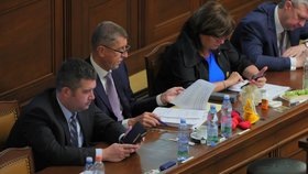 Premiér Andrej Babiš s ministryní financí Alenou Schillerovou a ministrem vnitra Janem Hamáčkem v Poslanecké sněmovně. (4.6.2019)